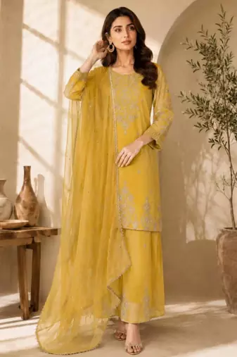 Yellow silk blend embroidered palazzo set