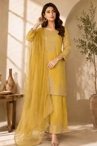 Yellow silk blend embroidered palazzo set