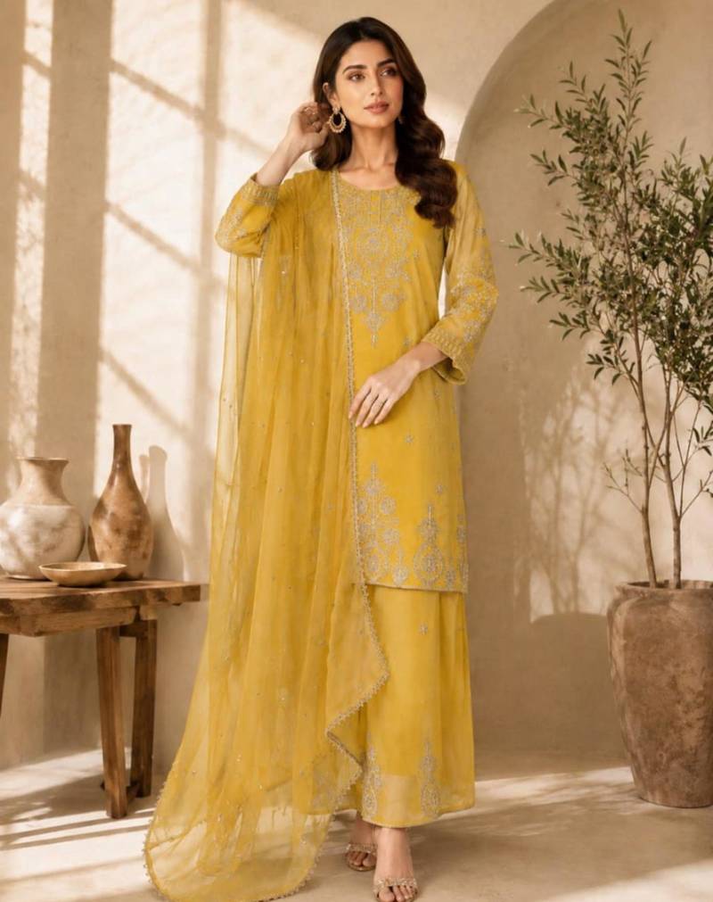 Yellow silk blend embroidered palazzo set