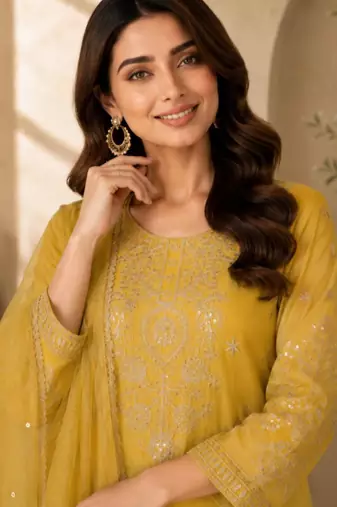 Yellow silk blend embroidered palazzo set