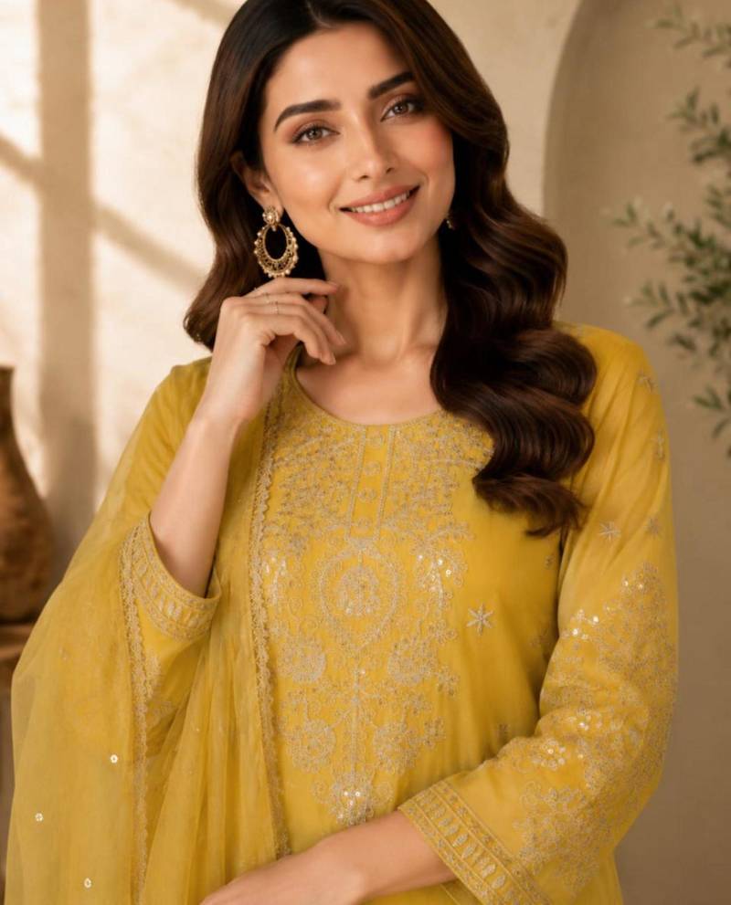 Yellow silk blend embroidered palazzo set
