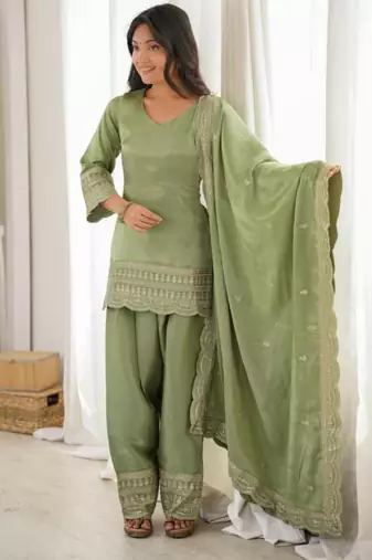 Green silk blend embroidered farshi salwar set