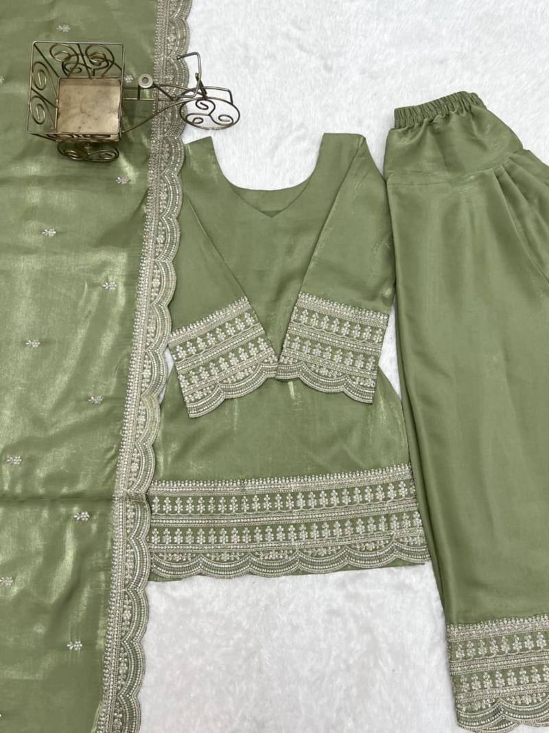 Green silk blend embroidered farshi salwar set