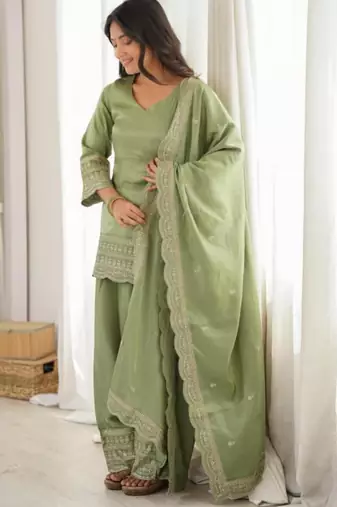 Green silk blend embroidered farshi salwar set