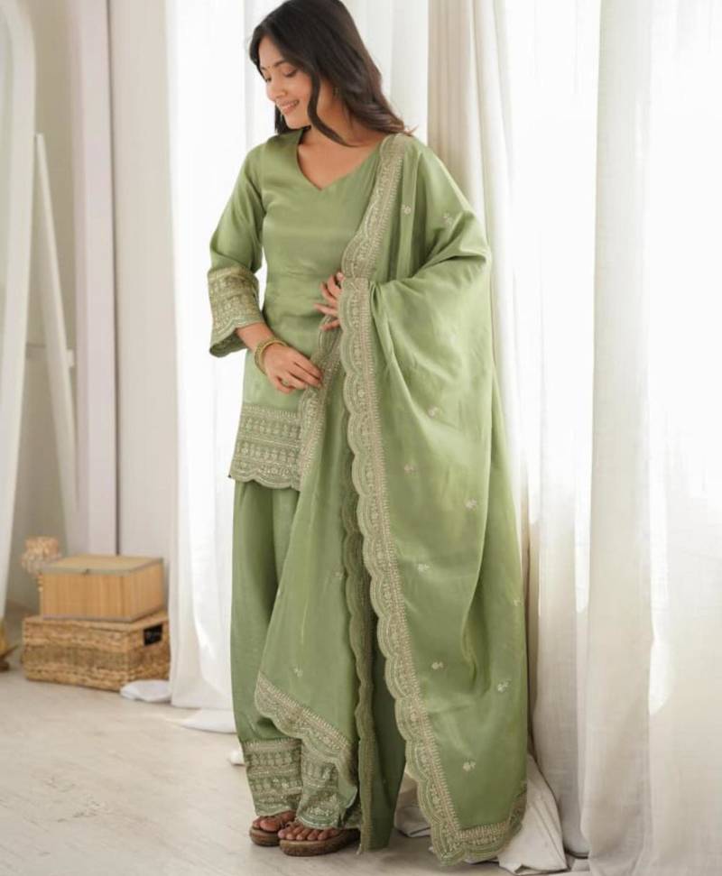 Green silk blend embroidered farshi salwar set