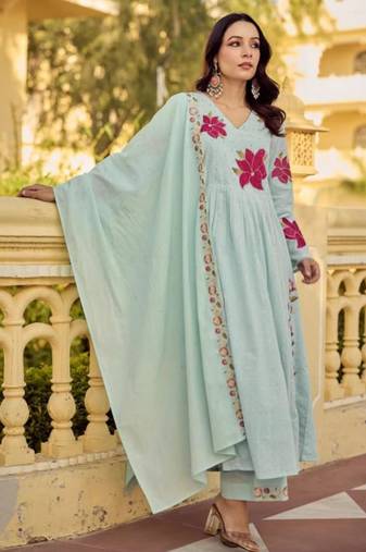 Light blue chanderi embroidered kurta set