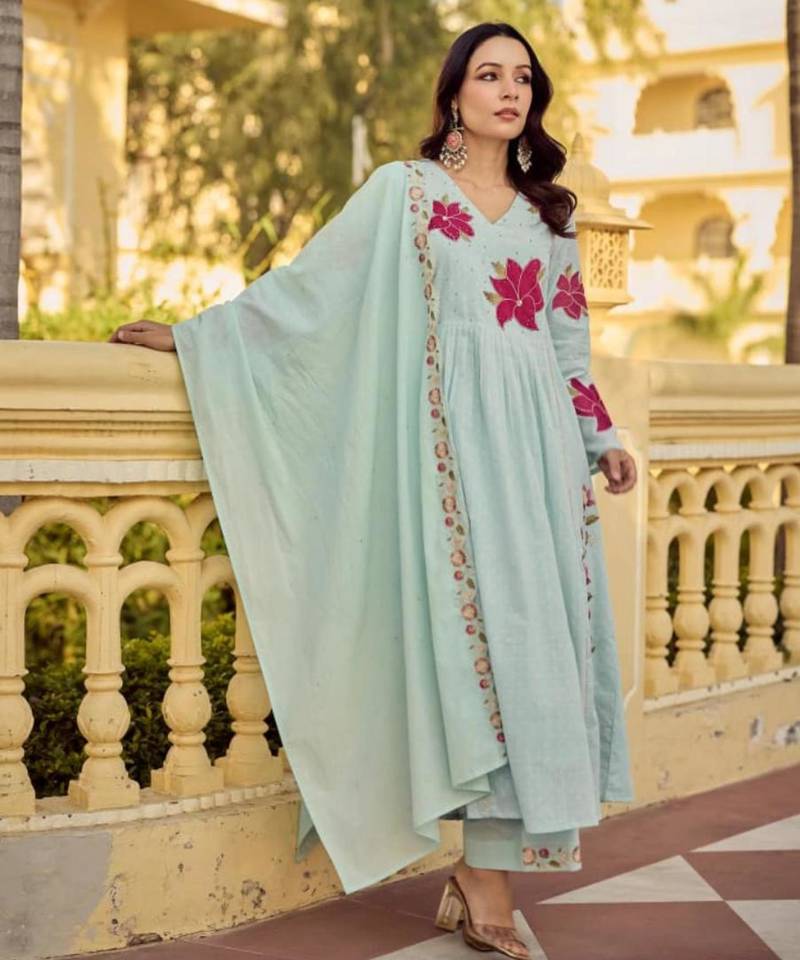 Light blue chanderi embroidered kurta set