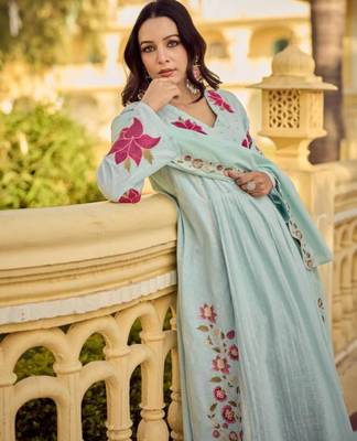 Light blue chanderi embroidered kurta set 4