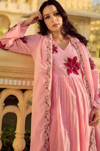 Pink chanderi embroidered kurta set