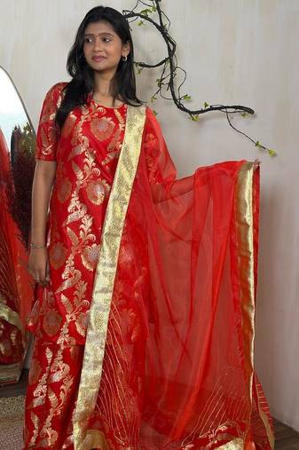 Red Banarasi Brocade Sharara Set | Gold Zari Ethnic Wear