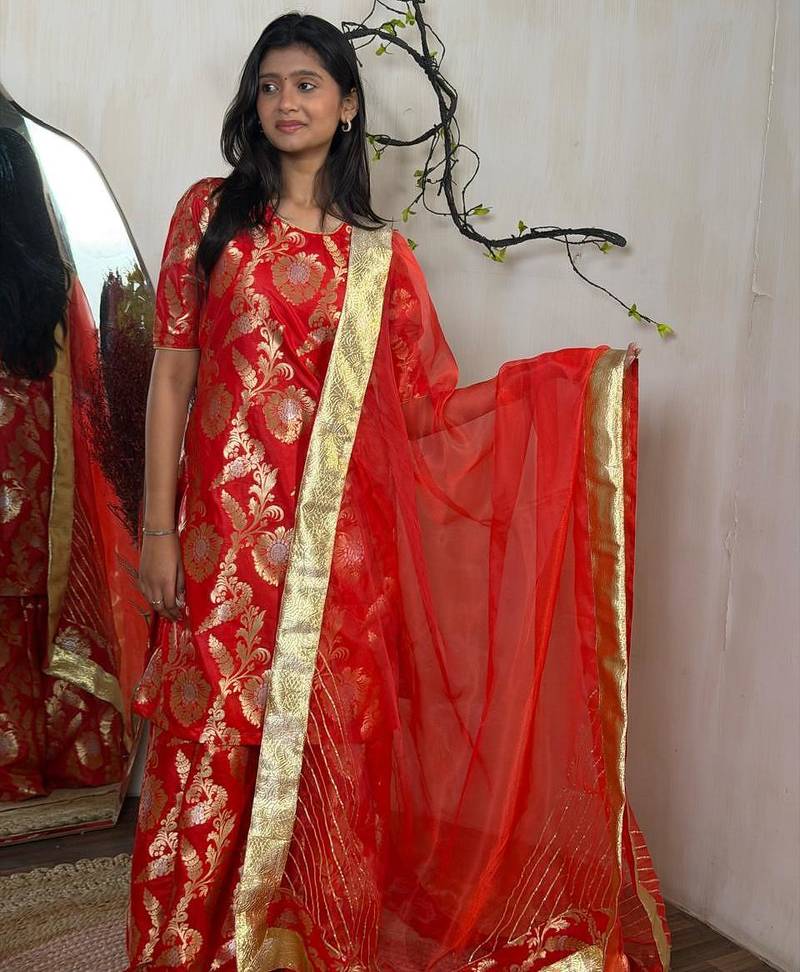 Red Banarasi Brocade Sharara Set | Gold Zari Ethnic Wear