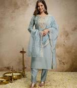 Blue chanderi embroidered kurta set