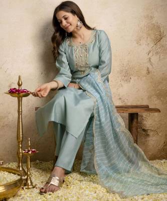 Blue chanderi embroidered kurta set 2