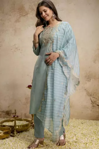 Blue chanderi embroidered kurta set
