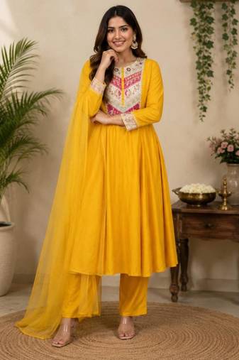 Yellow chanderi embroidered kurta set