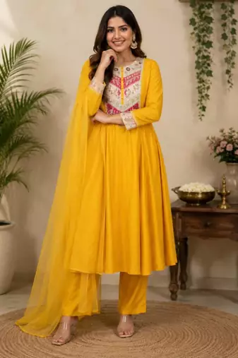 Yellow chanderi embroidered kurta set