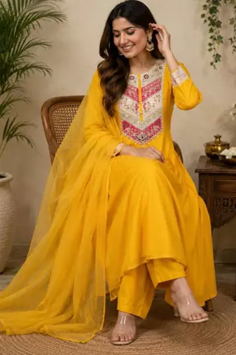 Yellow chanderi embroidered kurta set