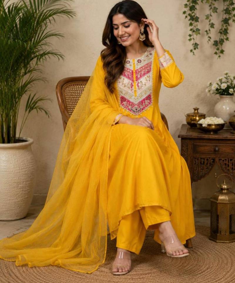 Yellow chanderi embroidered kurta set