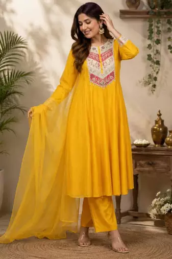Yellow chanderi embroidered kurta set