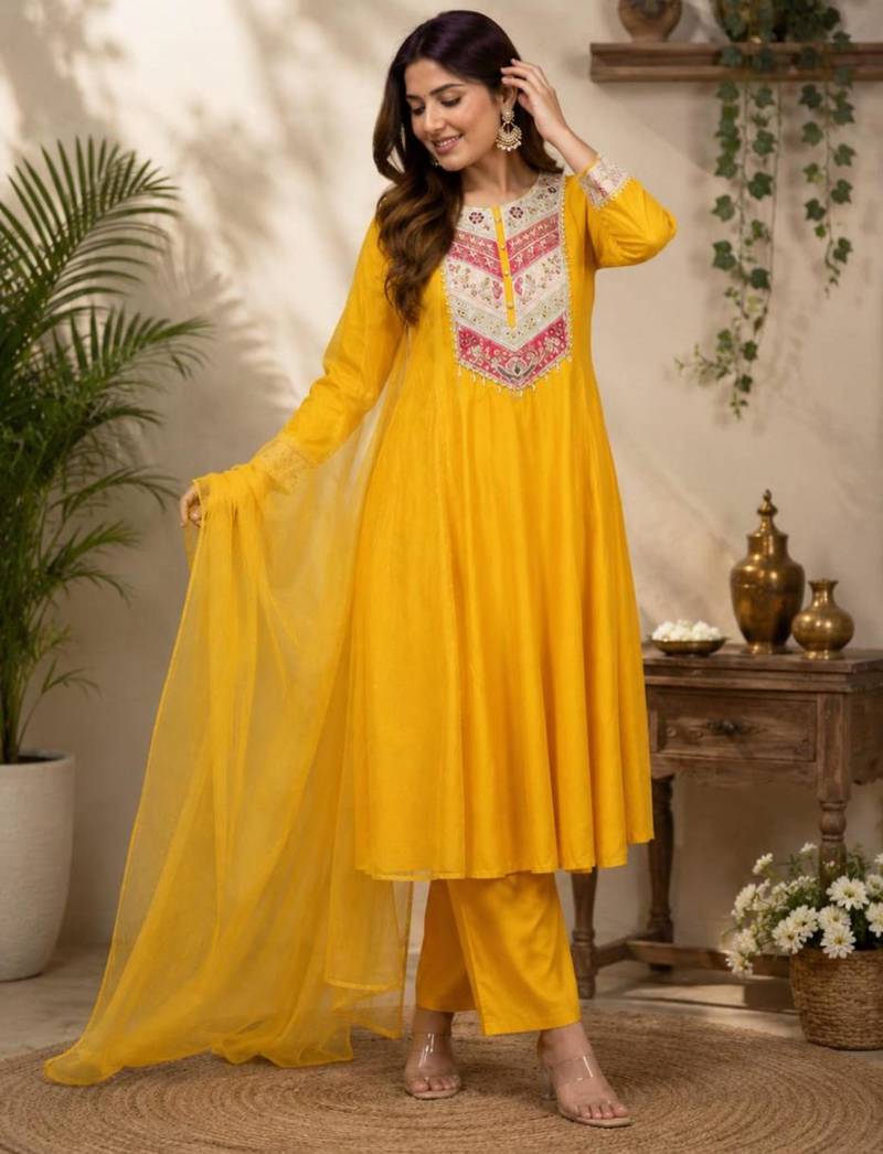 Yellow chanderi embroidered kurta set