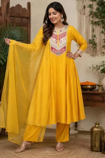 Yellow chanderi embroidered kurta set