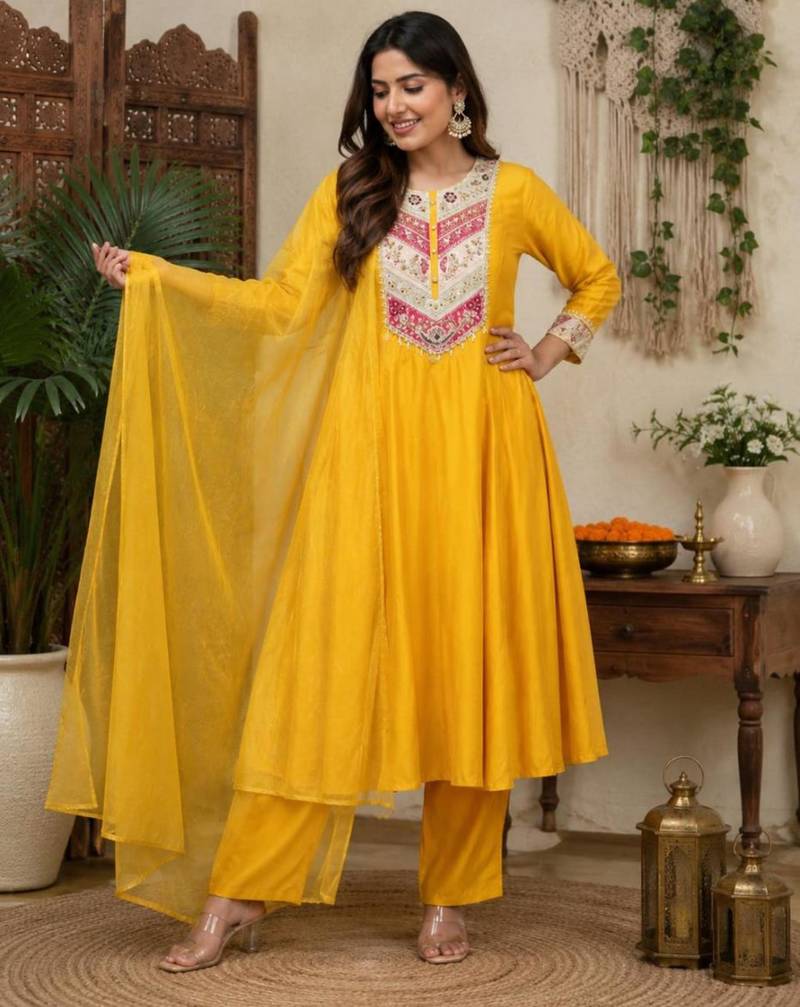 Yellow chanderi embroidered kurta set