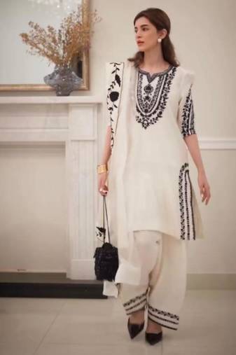 White crepe embroidered kurta set