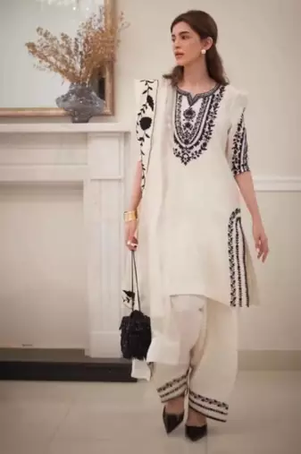 White crepe embroidered kurta set
