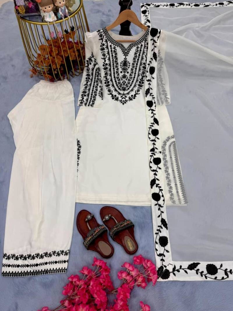 White crepe embroidered kurta set