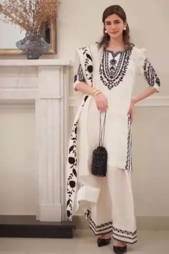 White crepe embroidered kurta set