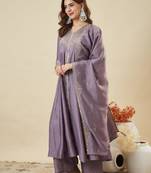Purple silk blend embroidered kurta set