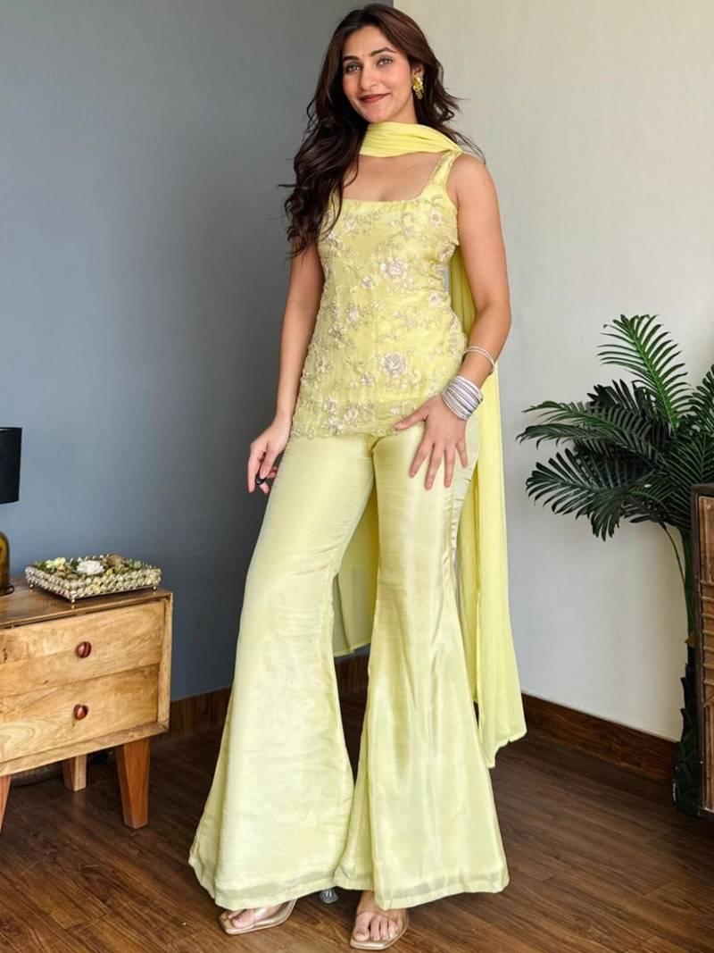Yellow faux georgette embroidered kurta set