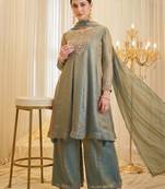Green silk blend embroidered kurta set