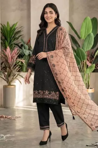 Black silk blend embroidered kurta set