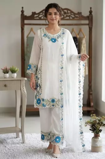 White faux georgette embroidered kurta set