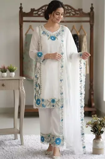 White faux georgette embroidered kurta set