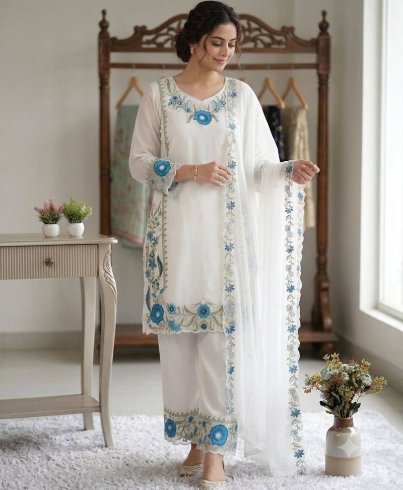 White faux georgette embroidered kurta set