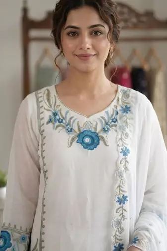 White faux georgette embroidered kurta set