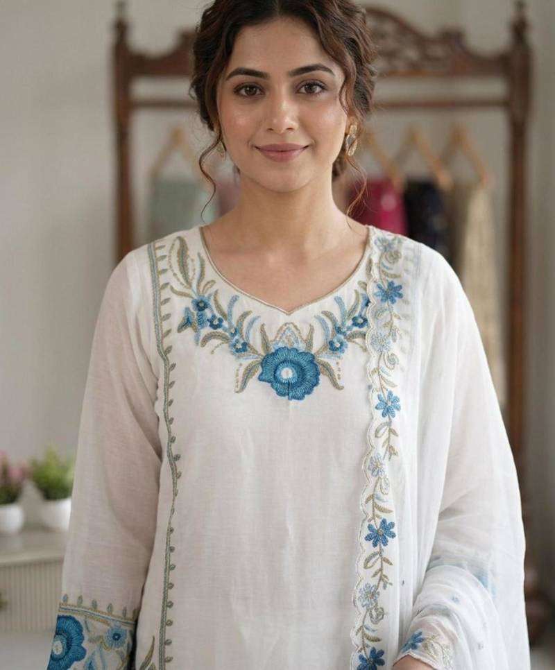White faux georgette embroidered kurta set