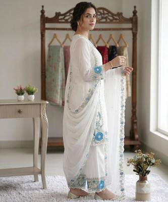 White faux georgette embroidered kurta set 4
