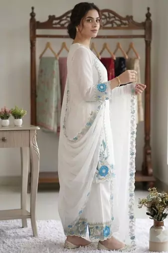 White faux georgette embroidered kurta set