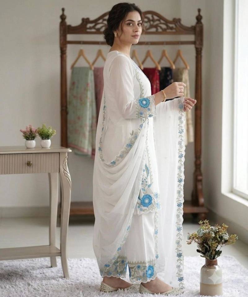 White faux georgette embroidered kurta set