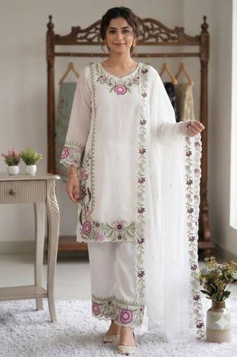 White faux georgette embroidered kurta set