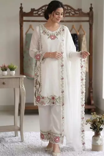 White faux georgette embroidered kurta set