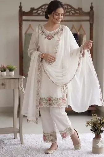 White faux georgette embroidered kurta set