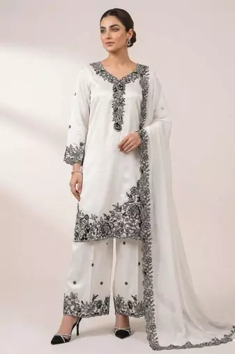White crepe embroidered palazzo set