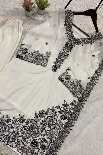 White crepe embroidered palazzo set