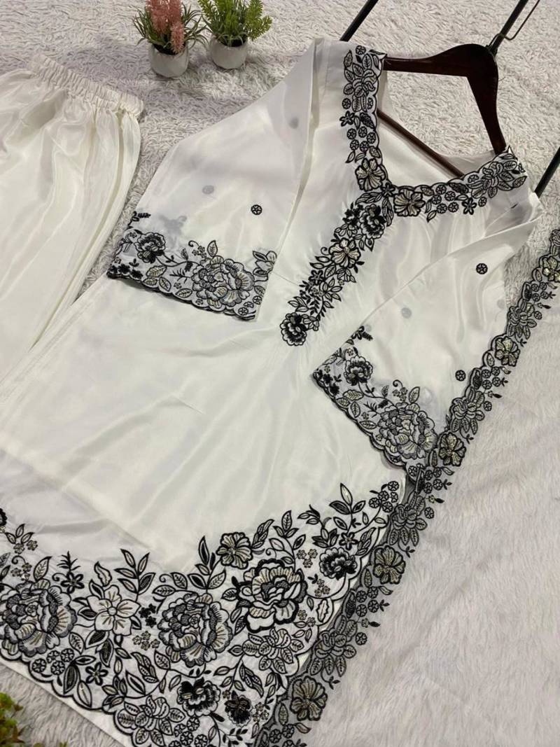 White crepe embroidered palazzo set