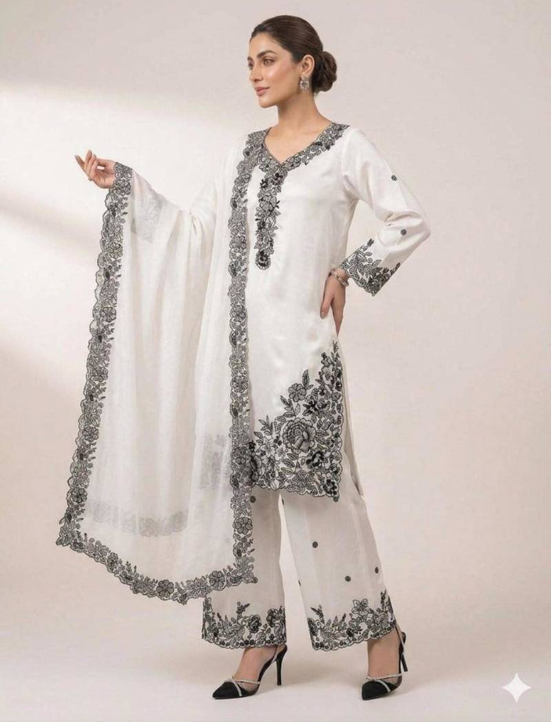 White crepe embroidered palazzo set