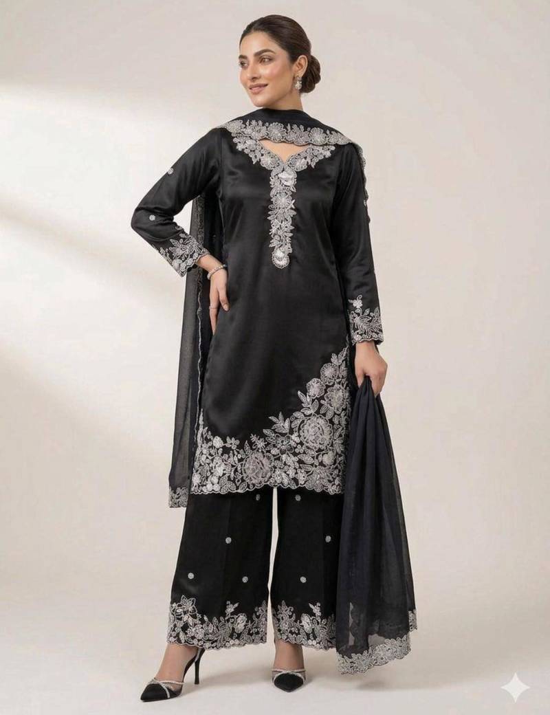 Black crepe embroidered palazzo set